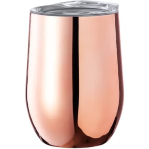 A drink bottle in a sleek rose gold finish with a clear lid and a modern, curved shape.