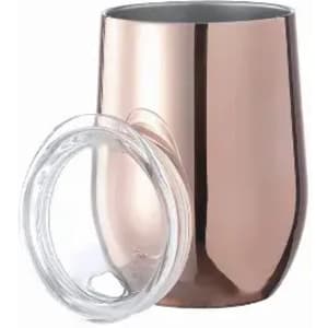 A drink bottle in a rose gold finish, featuring a clear lid and sleek, curved design. It has a logo on the side.