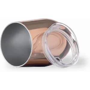 A drink bottle in a rose gold finish with a clear lid and a sleek, smooth design. It features a logo.