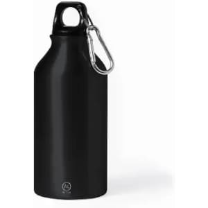 A drink bottle in sleek black with a carabiner attached for easy carrying. It features a simple design and a logo.