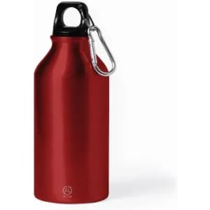 A drink bottle in a shiny red finish with a black top and a silver carabiner attached.