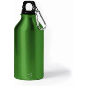 A drink bottle in bright green with a black cap and a carabiner attached. It has a sleek, metallic finish.