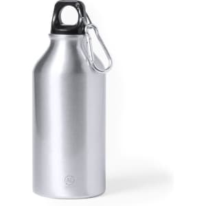 A drink bottle in shiny silver metal with a black cap and a carabiner attachment. It features a logo on the body.