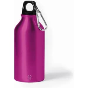 A drink bottle in a vibrant pink colour with a black cap and a metal carabiner attached.