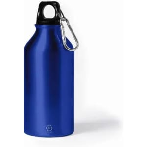 A drink bottle in a vibrant blue finish with a black top and a silver carabiner attached. Features a logo.