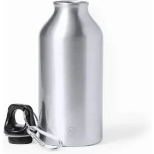 A drink bottle with a sleek silver metallic body and a black lid, featuring a clip for easy attachment.