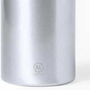 A drink bottle in a sleek silver finish, featuring a logo and marked with a recycling symbol.