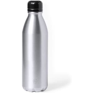 A drink bottle in a sleek silver finish, featuring a black screw-on lid and a simple logo.