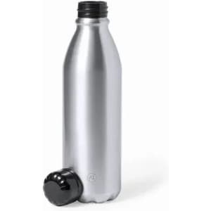A drink bottle in silver with a black screw-on cap and a smaller black base. It features a logo.