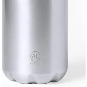 A drink bottle made of silver aluminium with a recycling logo on the bottom.