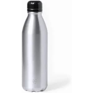 A drink bottle with a sleek silver body and a black screw-on lid, featuring a logo on the base.