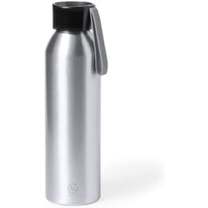 A drink bottle in silver stainless steel with a black cap and a grey handle. It features a logo on the bottom.