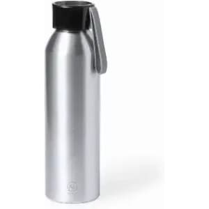 A drink bottle in metallic silver with a black cap and a handle. The bottle has a sleek, cylindrical design.