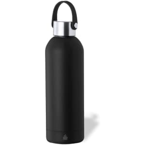 A drink bottle in matte black with a silver cap and a carrying handle. It features a logo on the body.