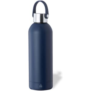A drink bottle in navy with a stainless steel cap and a carry handle, featuring a logo.