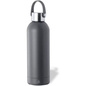 A drink bottle in dark grey with a silver lid and a carrying handle. It has a sleek, minimalist design.