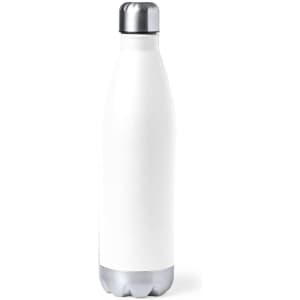 A drink bottle in white with a silver cap, featuring a simple design and a smooth finish.