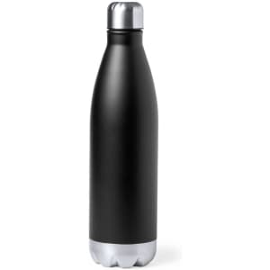 A drink bottle in black with a silver cap and base, featuring a smooth finish and a logo.