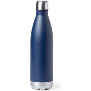 A drink bottle in navy blue with a silver base and a metallic lid, featuring a logo.