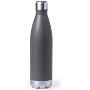 A drink bottle in matte grey with a silver bottom, featuring a stainless steel cap and a sleek design.