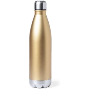 A drink bottle in a sleek gold finish with a silver base and a metallic lid, featuring a logo.