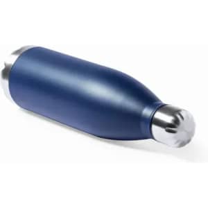 A drink bottle in navy blue with a stainless steel cap and a sleek, modern design, featuring a logo.