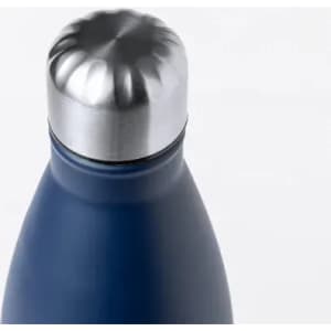A drink bottle with a navy blue body and a metallic silver cap, featuring a logo on the side.