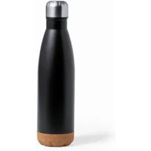 A drink bottle in black with a cork base and a silver cap, featuring a logo on the surface.