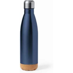 A drink bottle in navy blue with a cork base and a metallic silver lid, featuring a logo.