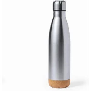 A drink bottle with a silver metallic body and a cork base, featuring a sleek, modern design.