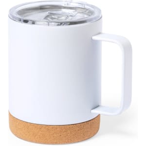 A drink bottle with a white body, clear lid, and cork base, featuring a sturdy handle.