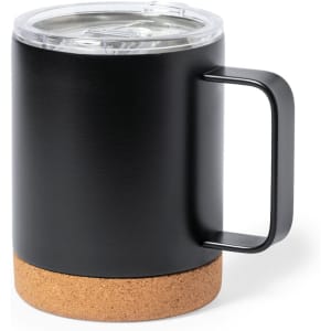 A drink bottle with a matte black finish and a cork base, featuring a clear lid and a handle.