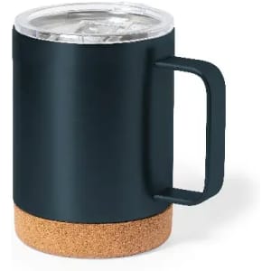 A drink bottle in navy with a cork base and clear lid, featuring a sturdy handle and a logo.