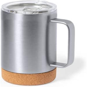 A drink bottle featuring a stainless steel body, transparent lid, and a cork base. It has a handle and a sleek design.