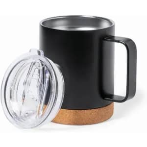 A drink bottle with a black exterior, cork base, and clear lid. Features a handle for easy gripping.