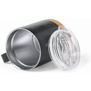 A drink bottle in black with a clear lid and a cork band around the top. It features a logo.