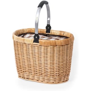 A woven picnic basket with a handle and a checkered fabric lining, featuring a natural and brown colour scheme.