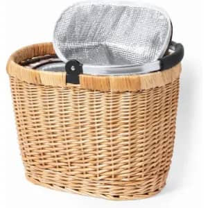 A woven basket with a silver-lined insulated lid and a black handle, ideal for food storage.