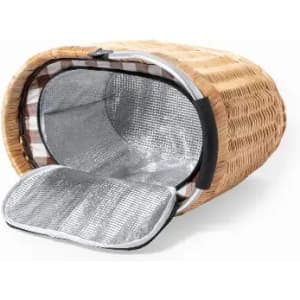A woven basket with a silver insulated interior, featuring a removable lid and checkered lining.