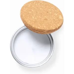 A drink bottle with a silver body and a cork lid, showcasing a simple and minimalist design.