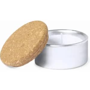 A candle in a silver tin with a cork lid, featuring a white wax interior.