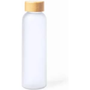 A drink bottle made of transparent material with a wooden-style cap, featuring a simple design.