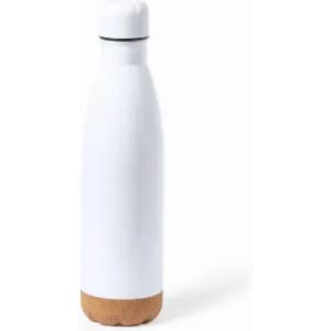 A drink bottle in white with a cork base, featuring a sleek design and a screw cap. It has a logo on the front.