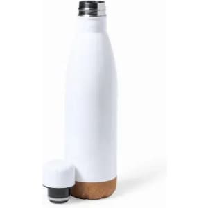 A drink bottle in white with a cork bottom and a secure cap. It features a sleek, modern design.