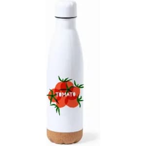 A drink bottle in white with a cork base, featuring a tomato graphic and green leaves design.