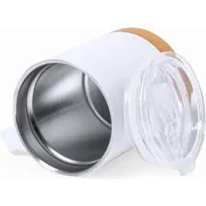 A drink bottle in white with a stainless steel interior and a clear lid, featuring a cork grip on the side.