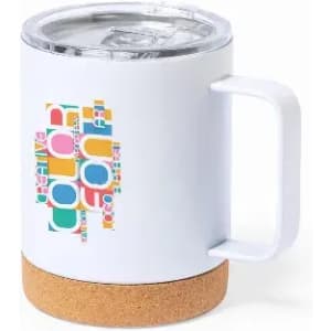 A drink bottle with a white body, cork base, and a clear lid featuring colourful graphic designs.