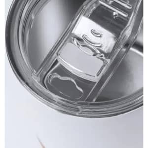 A drink bottle with a silver body and clear plastic lid, featuring an integrated straw and opening.