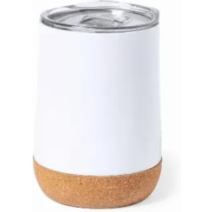 A drink bottle featuring a white body and a cork base, with a silver lid and a built-in straw.