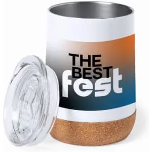 A drink bottle featuring a gradient design in orange and blue, with a cork bottom and a clear lid.